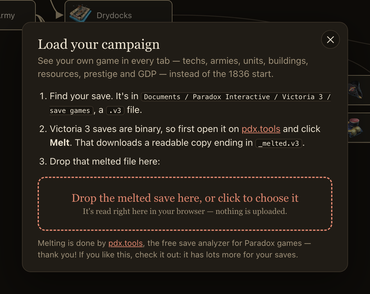Load your campaign: melt your save on pdx.tools and drop it on the page